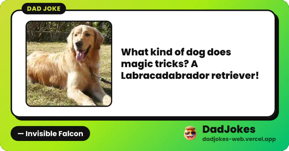 DadJokes share card for a photo joke: a golden retriever beside the joke, What kind of dog does magic tricks? A Labracadabrador retriever!